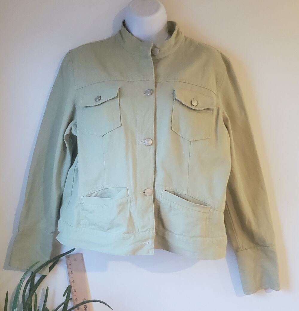 Like Claiborne Womens Green Tan Collar Denim Cotton Jacket Size Large Utility